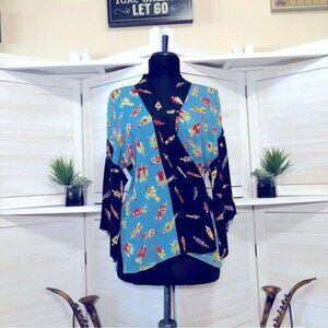 Vintage 70s blue black kimono 3 4 sleeves geisha print blouse top sz M